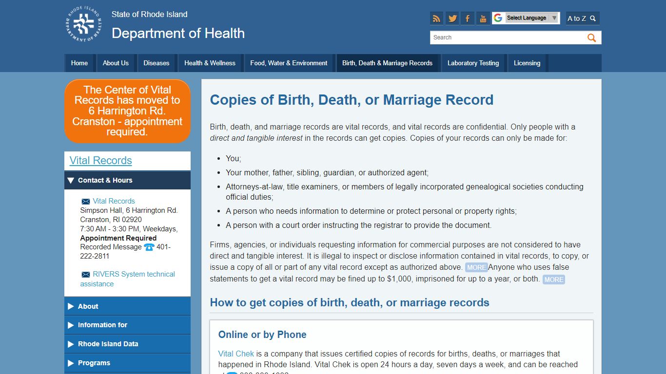 Birth, Death & Marriage Record Copies: Department of Health
